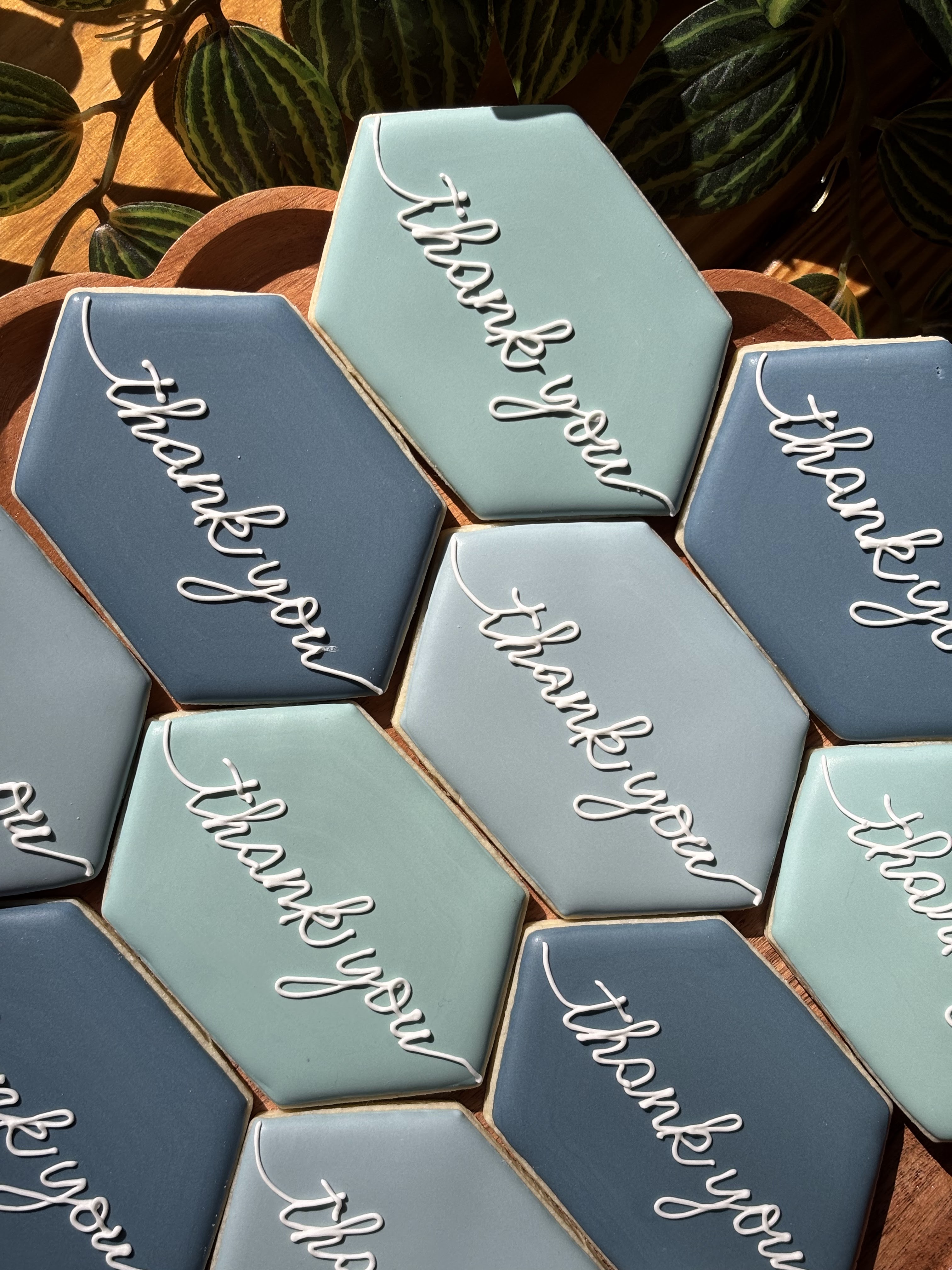 Hexagon thank you script blue sage green elegant